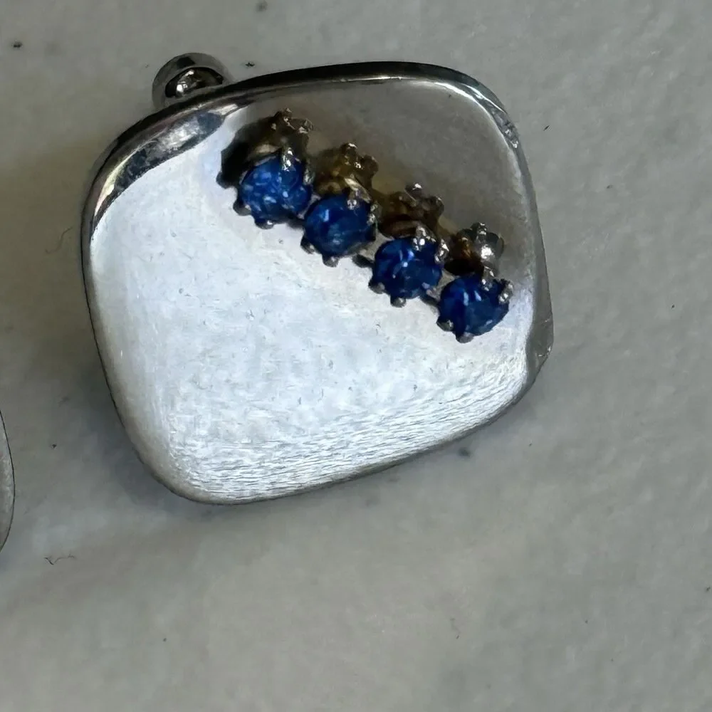 Vintage Polished‎ Silver Square Cufflinks w/ Sapphire Stones